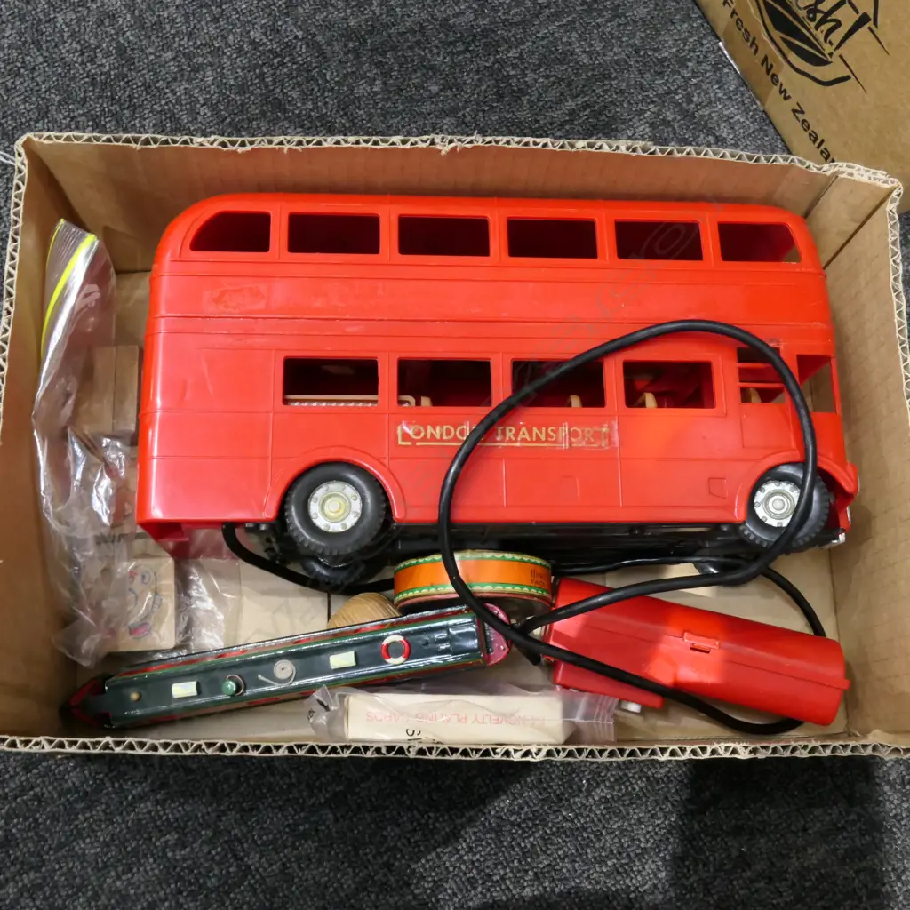 BOX LOT DOUBLE DECKER BUS, ART DECO POWDER, BLOCKS, CARD GAME, WOODEN CANAL BOAT ETC Image 1++