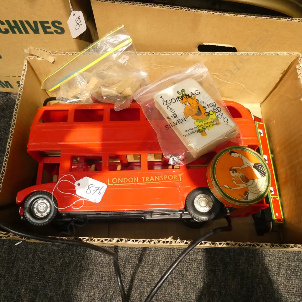 BOX LOT DOUBLE DECKER BUS, ART DECO POWDER, BLOCKS, CARD GAME, WOODEN CANAL BOAT ETC Image 1++