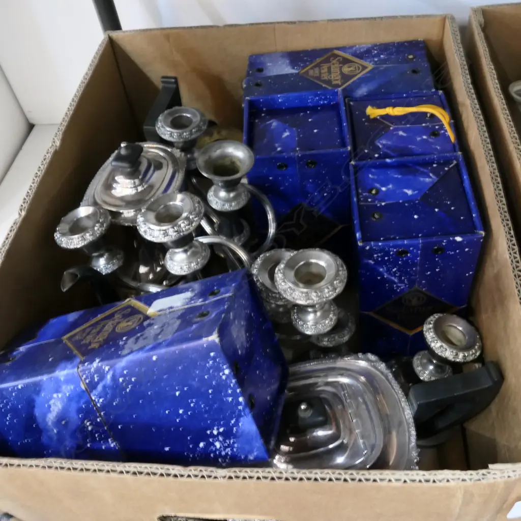 BOX LOT EP TEA COFFEE SERVICE, PEWTER, 2 PRS CANDLESTICKS ETC Image 1++