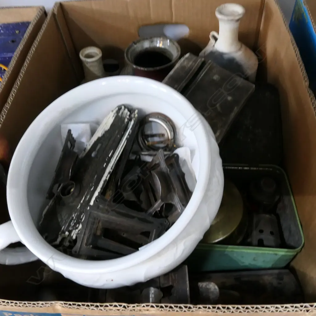 BOX LOT STUDIO POTTERY, BEDWARMER, MINCERS, PLANE ETC Image 1++