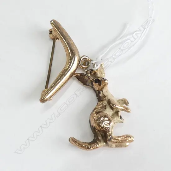 GOLD PLATED KANGAROO ON BOOMERANG BROOCH