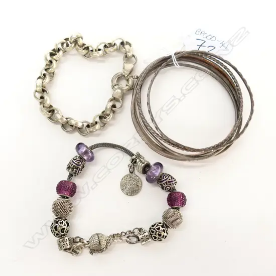 PANDORA TYPE BRACELET & SIX OTHER SILVER BANGLES