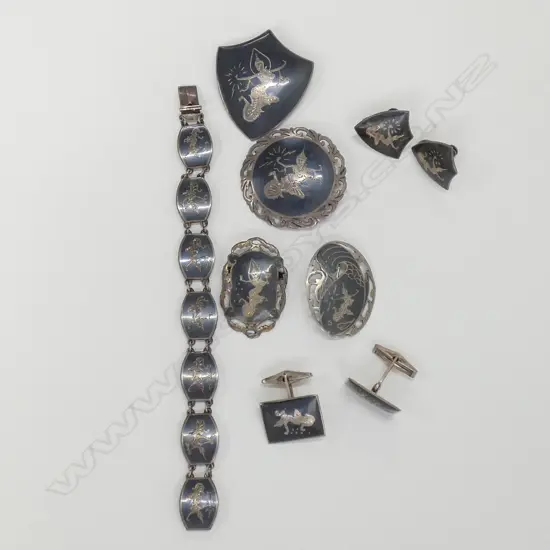 BAG ENAMEL SILVER JEWELLERY, 4 BROOCHES, BRACEL, CUFFLINKS & PAIR SCREW IN EARRINGS