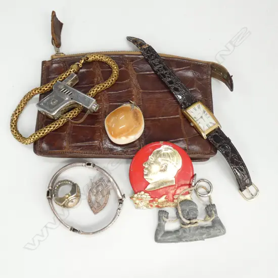 ASSORTED WATCHES, LIGHTER, PURSE, SHELL PENDANT ETC