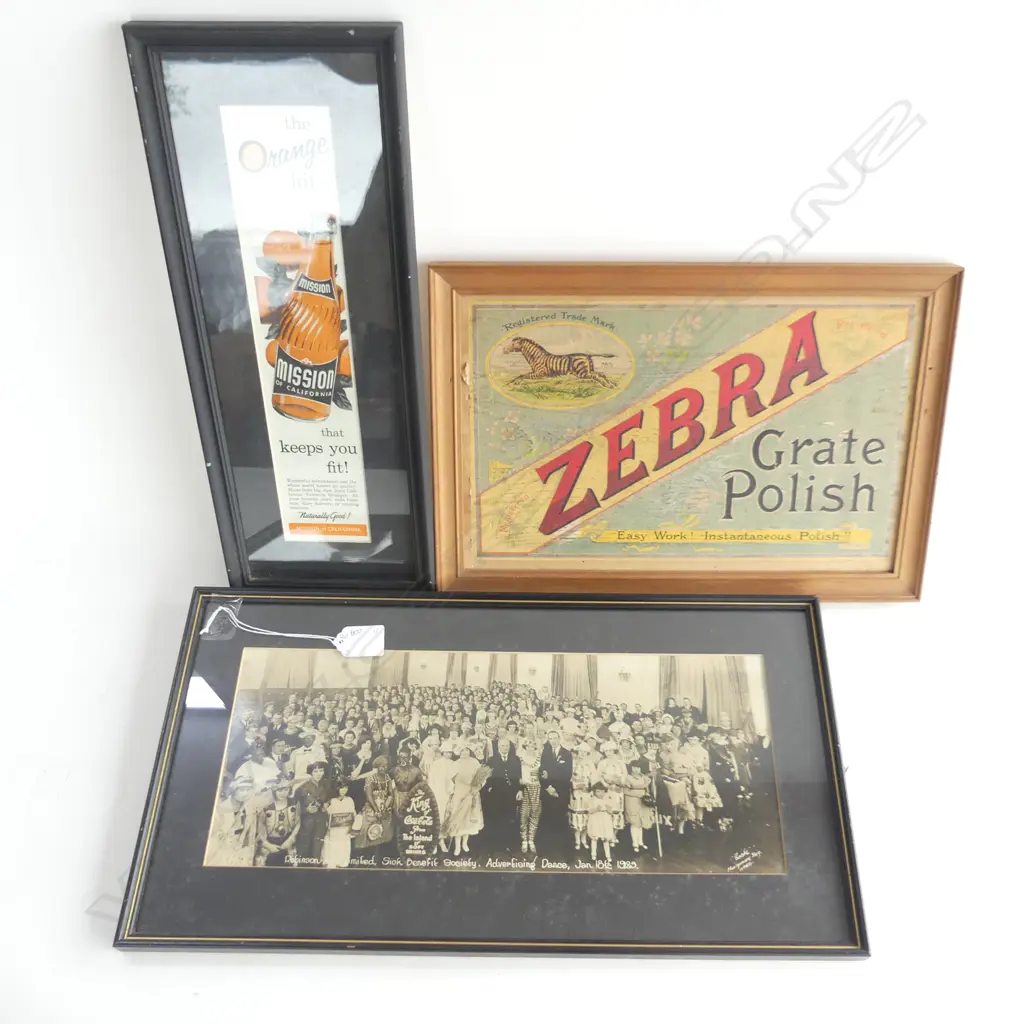 (20) 3 FRAMED ITEMS, ZEBRA GRATE POLISH ADVERTISING SIGN & DANCE ADVERTISEMENT 1925 Image 1++