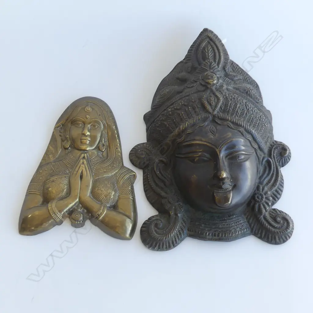 (15) 2 BRASS WALL MASKS ONE BUDDHA OTHER INDIAN FEMALE? Image 1++