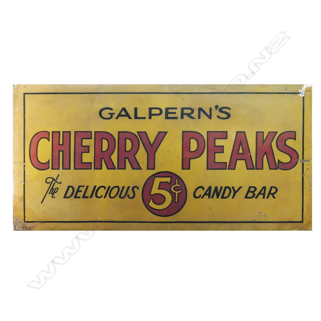 GALPERNS CHERRY PEAKS CANDY BAR TIN ADVERTISING SIGN, 380 x 770mm Image 1++
