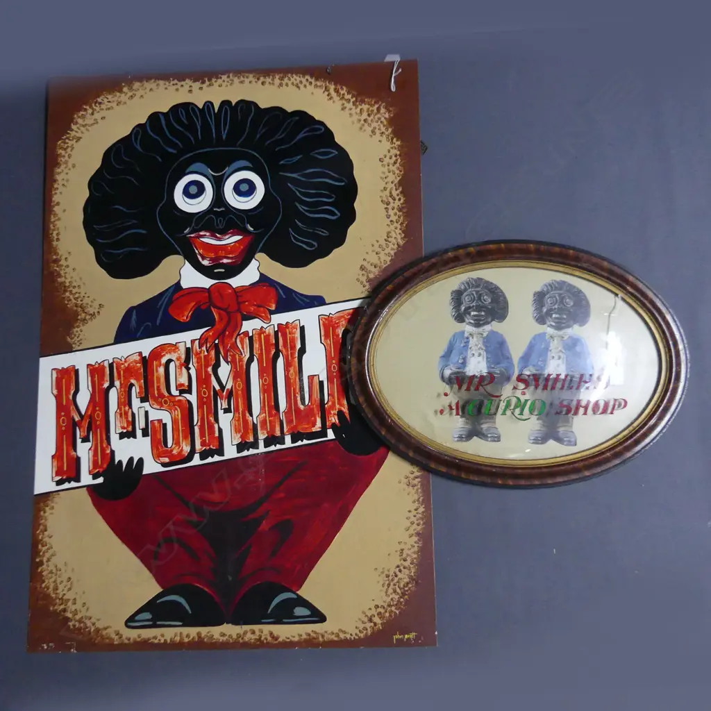 MR SMILES HANDPAINTED TIN SHOP SIGN, 1010 x 680mm + FRAMED MR SMILES 'A CURIO SHOP' SIGN Image 1++