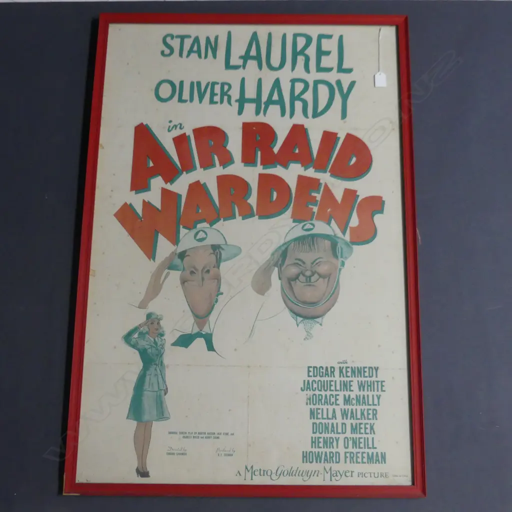 FRAMED LAUREL & HARDY IN 'AIR RAID WARDENS' MOVIE POSTER, PRINTED IN USA ,1000 x 670mm Image 1++