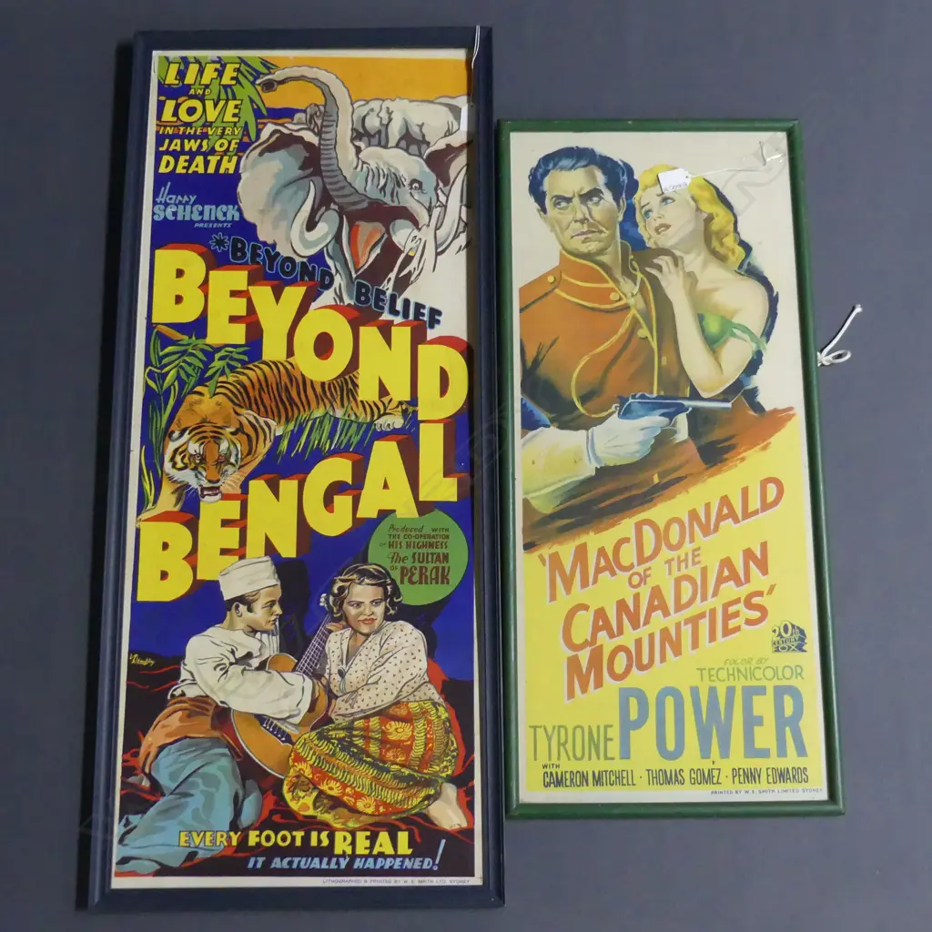 2 x FRAMED MOVIE POSTERS 'BEYOND BENGAL' & MACDONALD OF THE CANADIAN MOUNTIES BOTH PRINTED BY W E SMITH IN SYDNEY Image 1++