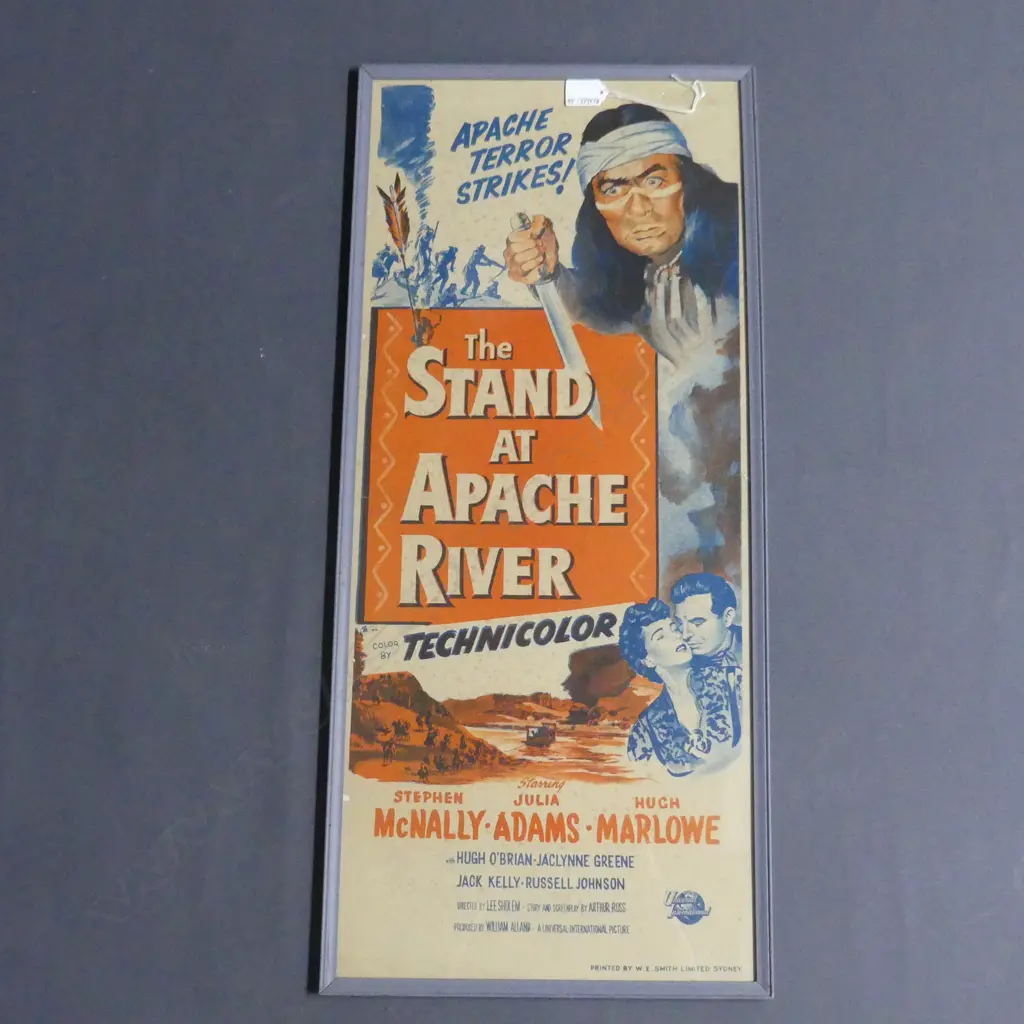 VINTAGE FRAMED DAYBILL FOR 'THE STAND AT APACHE RIVER',.720 x 300mm PRINTED IN SYDNEY Image 1++