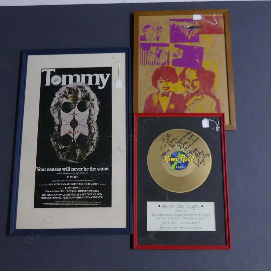 7 x MUSIC THEMED PICTURES INCL A GOLD 'KIWI ROCK CAFE" MOMENTO SIGNED BY STEVIE RAY VAUGHAN + Image 1++