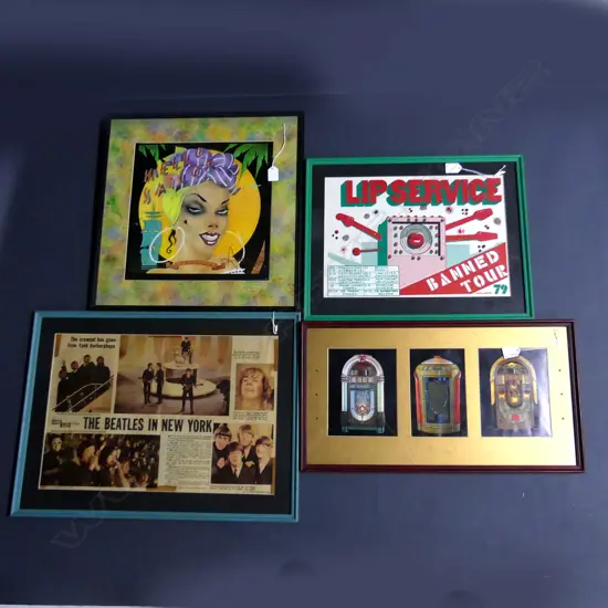 7 x MUSIC THEMED PICTURES INCL A GOLD 'KIWI ROCK CAFE" MOMENTO SIGNED BY STEVIE RAY VAUGHAN +