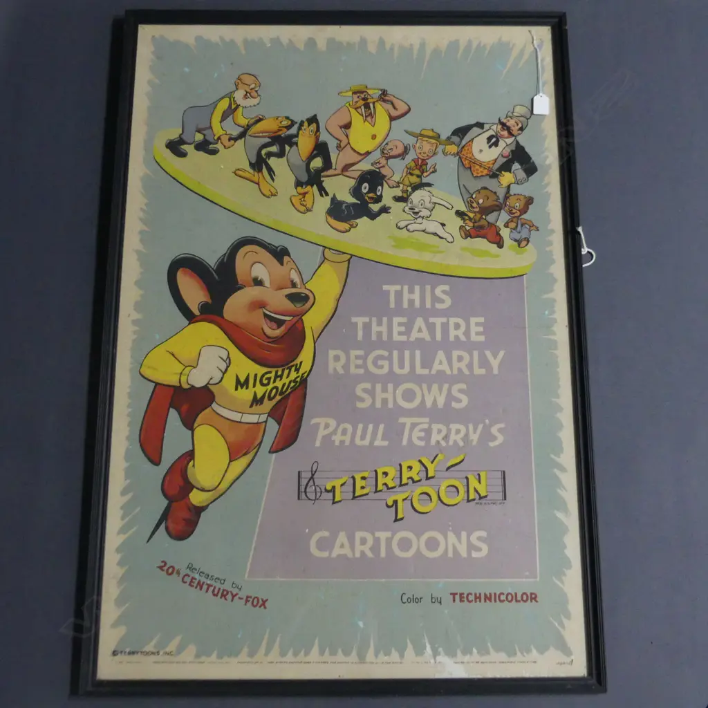 FRAMED VINTAGE 20TH CENTURY FOX TERRY TOON CARTOON  ADVERTISEMENT FEATURING MIGHTY MOUSE Image 1++