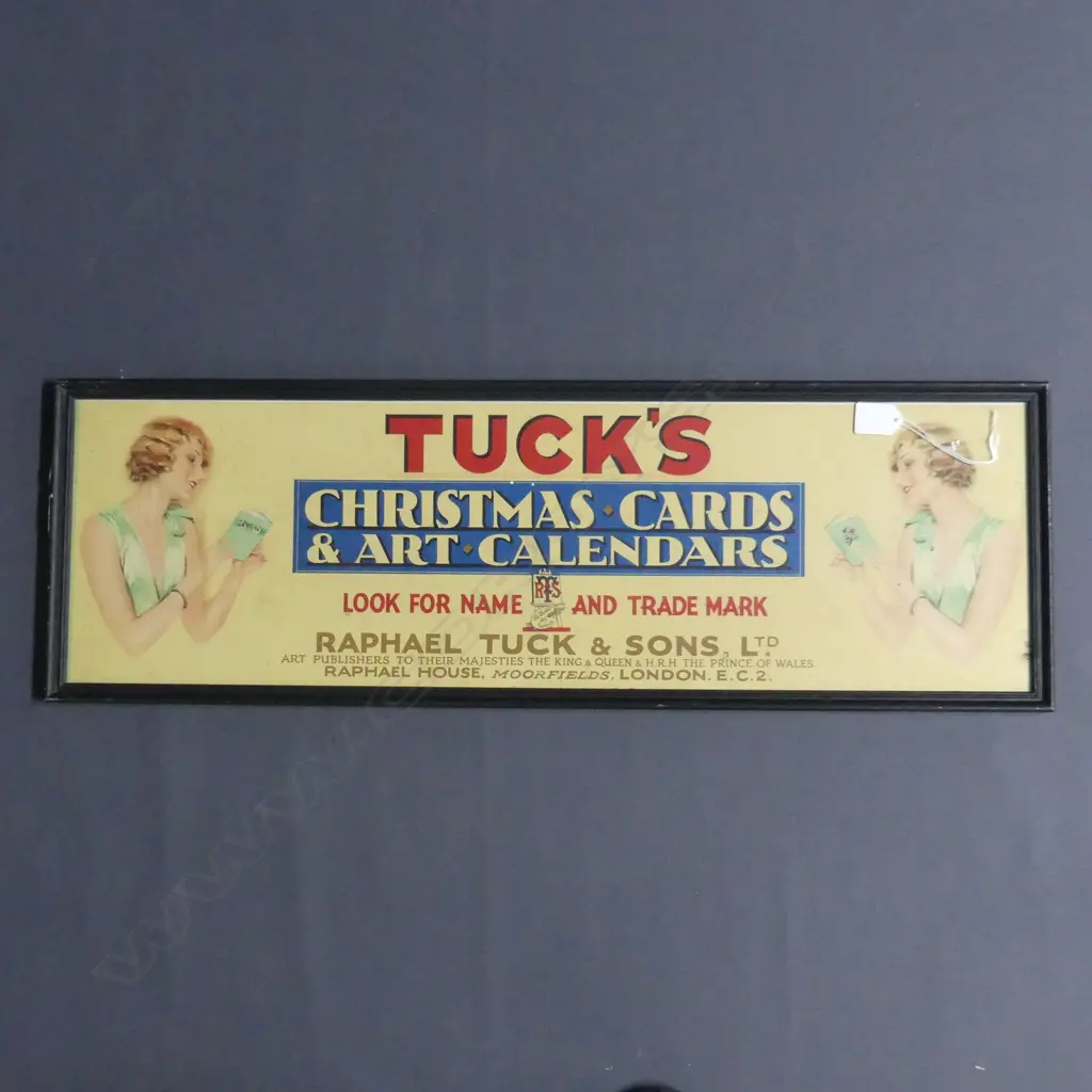 FRAMED VINTAGE TUCKS CHRISTMAS CARDS AND CALENDARS ADVERTISING BANNER, 220 x 740mm Image 1++