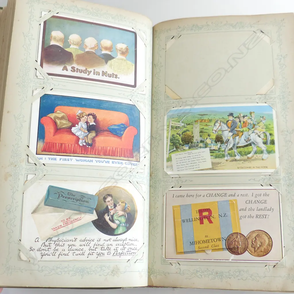 (55) POSTCARD ALBUM (ALMOST COMPLETE) INCL. NZ SCENES, RISQUE, EDWARDIAN, LOUIS WAIN, MICKEY MOUSE & FELIX THE CAT Image 1++