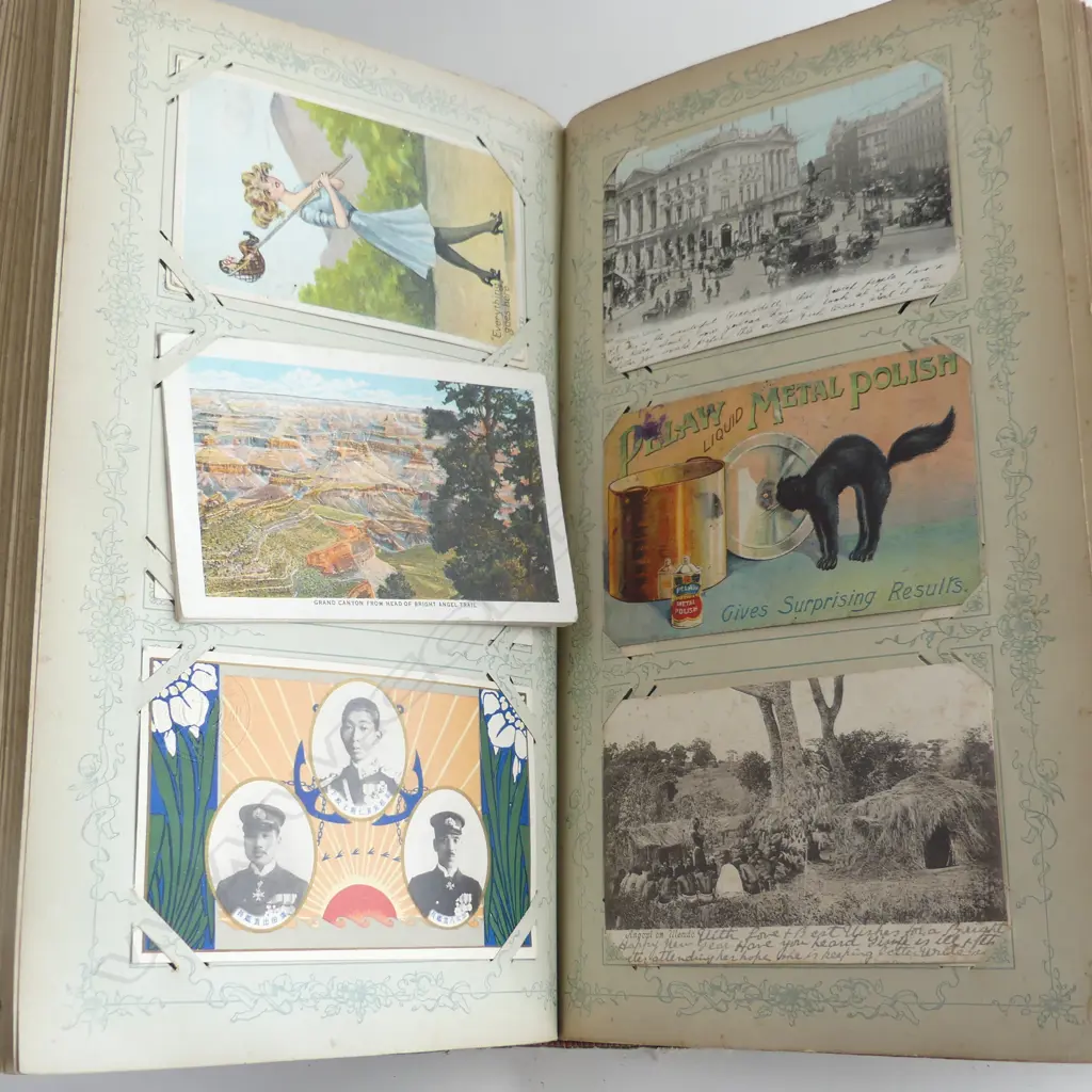 (55) POSTCARD ALBUM (ALMOST COMPLETE) INCL. NZ SCENES, RISQUE, EDWARDIAN, LOUIS WAIN, MICKEY MOUSE & FELIX THE CAT Image 1++
