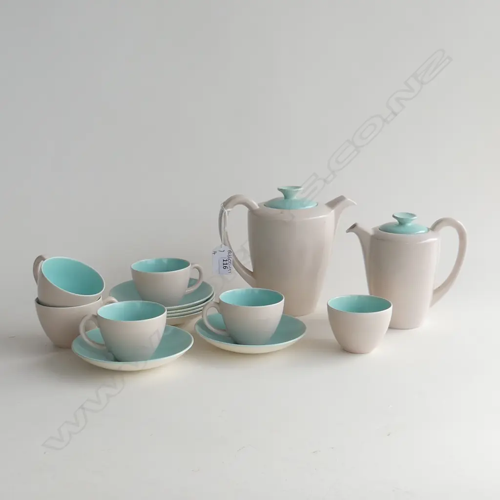 (5) POOLE TWO-TONE BEIGE & TURQUOISE COFFEE POT H. 150mm WATER POT + 5 CUPS & SAUCERS Image 1++