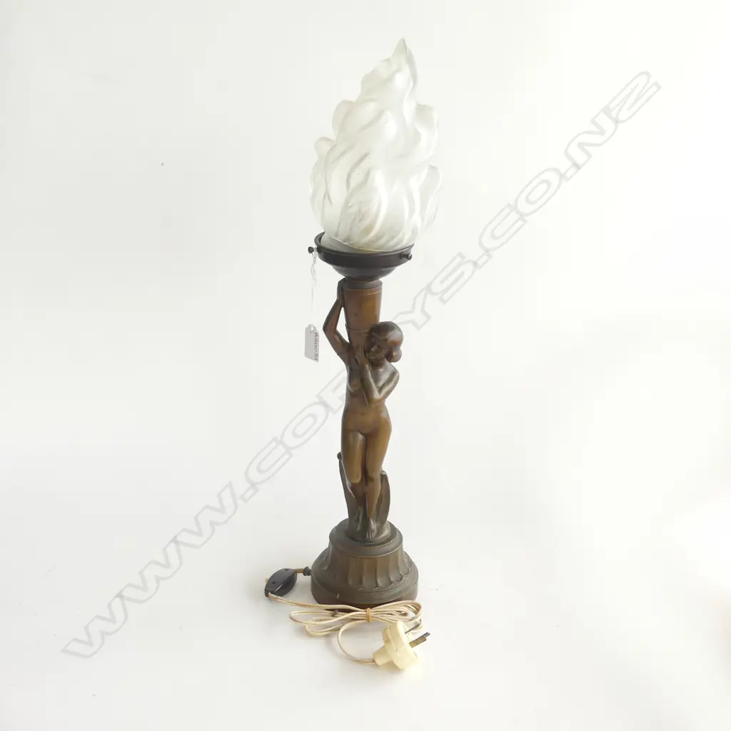 ART DECO SPELTER LAMP BRONZE FINISH WITH ORIGINAL FLAME SHADE H. 580mm NEEDS ATTENTION Image 1++