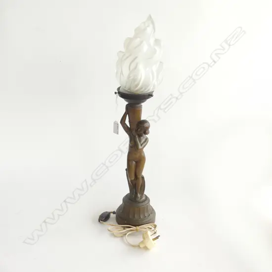 ART DECO SPELTER LAMP BRONZE FINISH WITH ORIGINAL FLAME SHADE H. 580mm NEEDS ATTENTION
