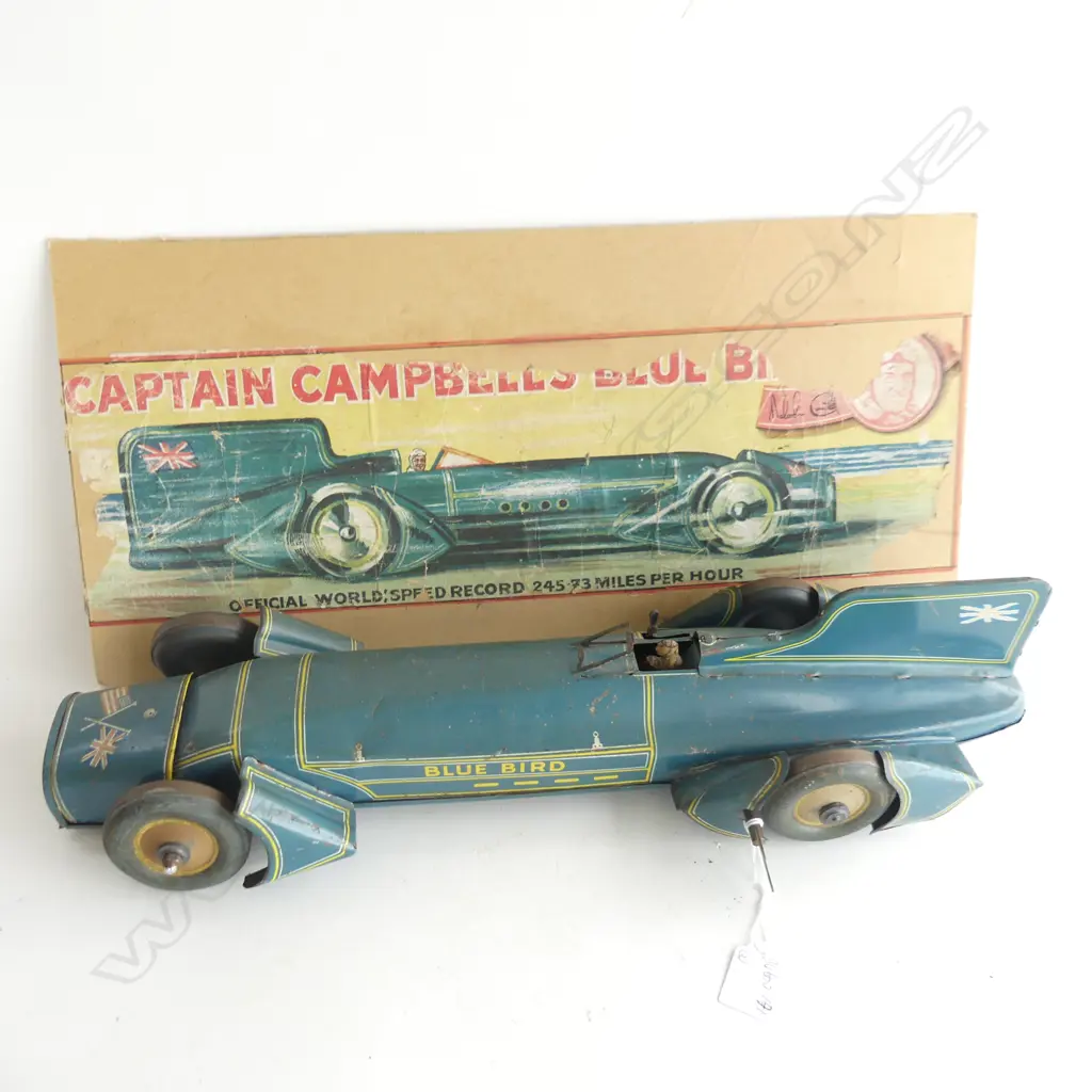 GUNTHERMANN ORIGINAL CAPTAIN CAMPBELL’S BLUEBIRD TINPLATE CLOCKWORK LAND SPEED RECORD RACING CAR L. 510mm with part box Image 1++