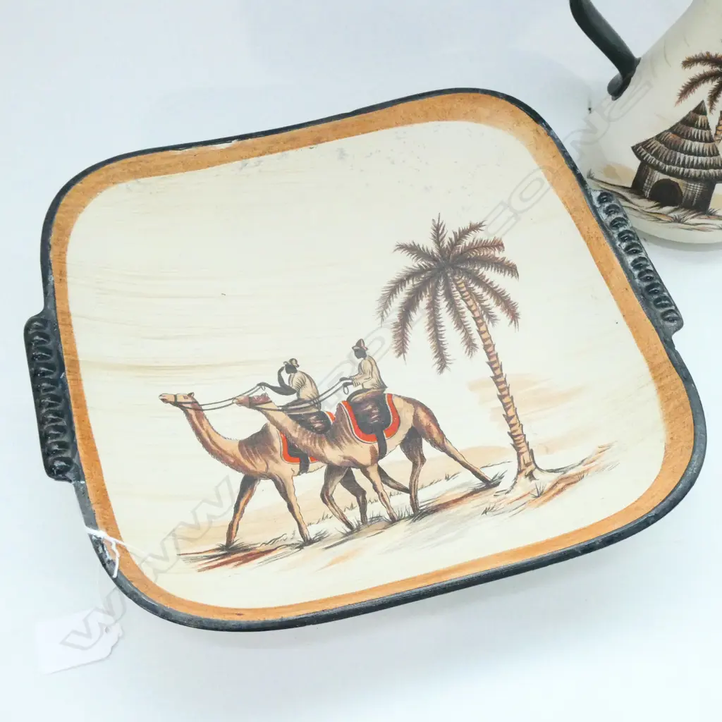 2 WEST GERMAN POTTERY ITEMS EGYPTIAN THEME VASE H. 220mm & PLATTER W. 310mm Image 1++