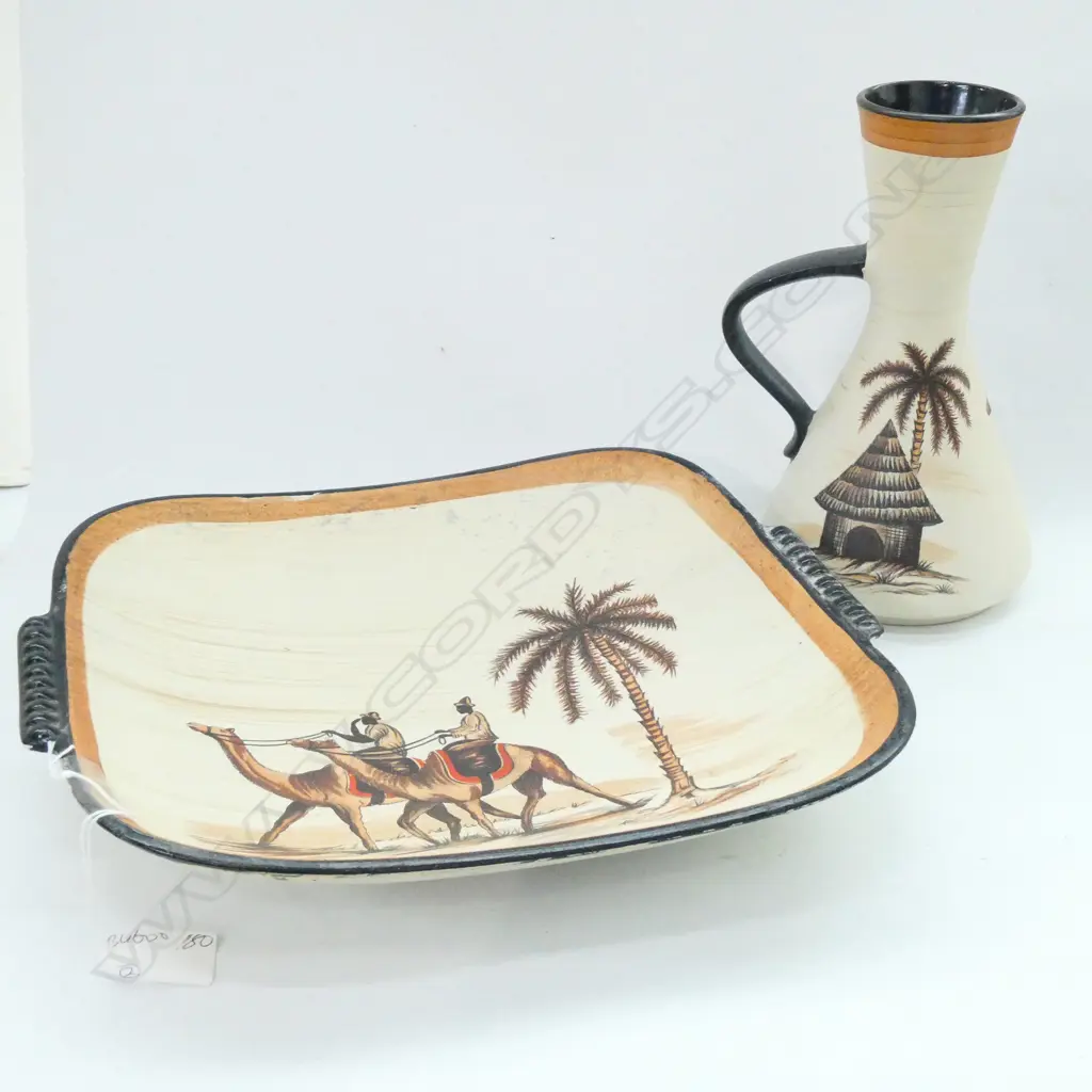 2 WEST GERMAN POTTERY ITEMS EGYPTIAN THEME VASE H. 220mm & PLATTER W. 310mm Image 1++