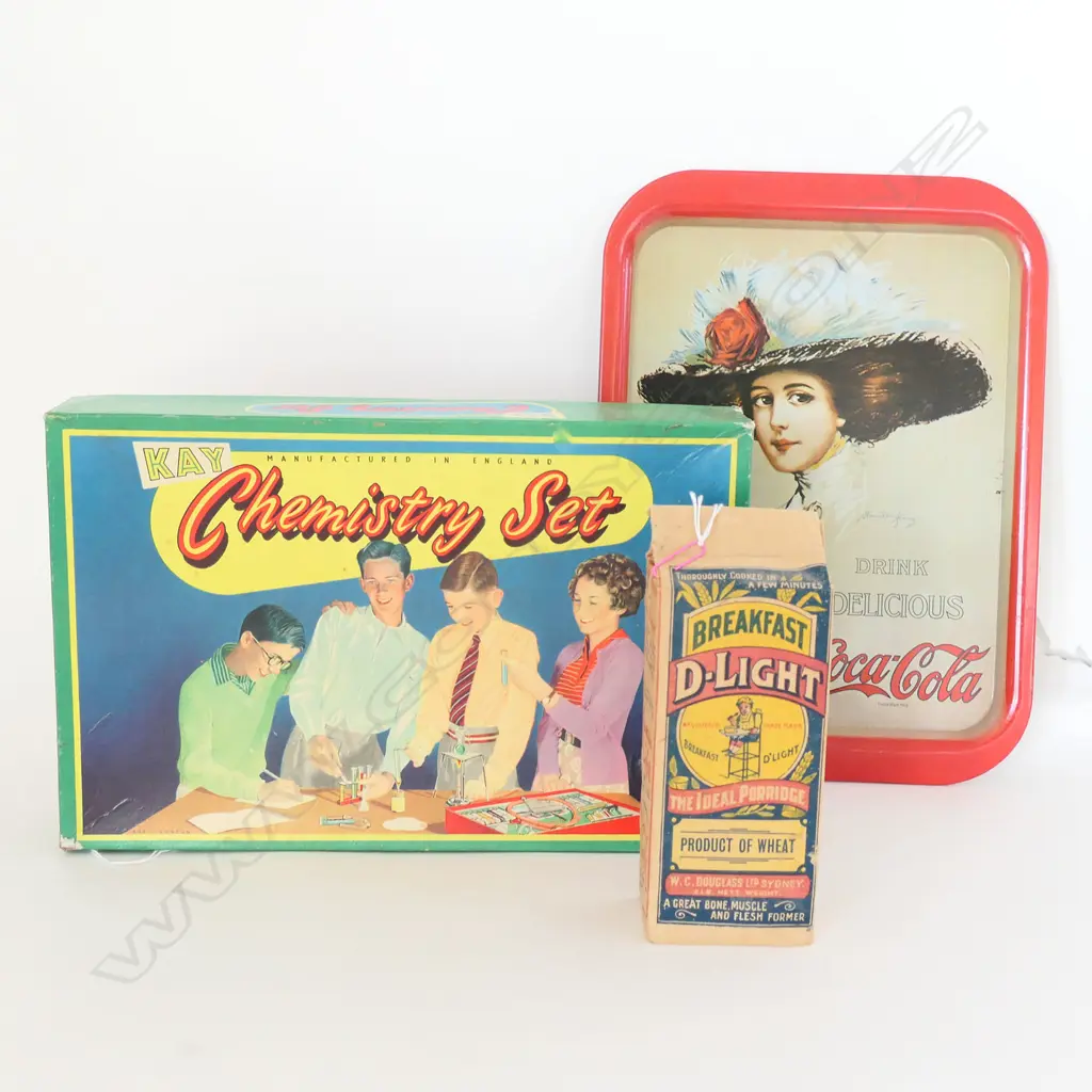 3 ITEMS INCL. BOXED CHEMISTRY SET REPRO COCA-COLA TRAY AND PORRIDGE CARTON Image 1++