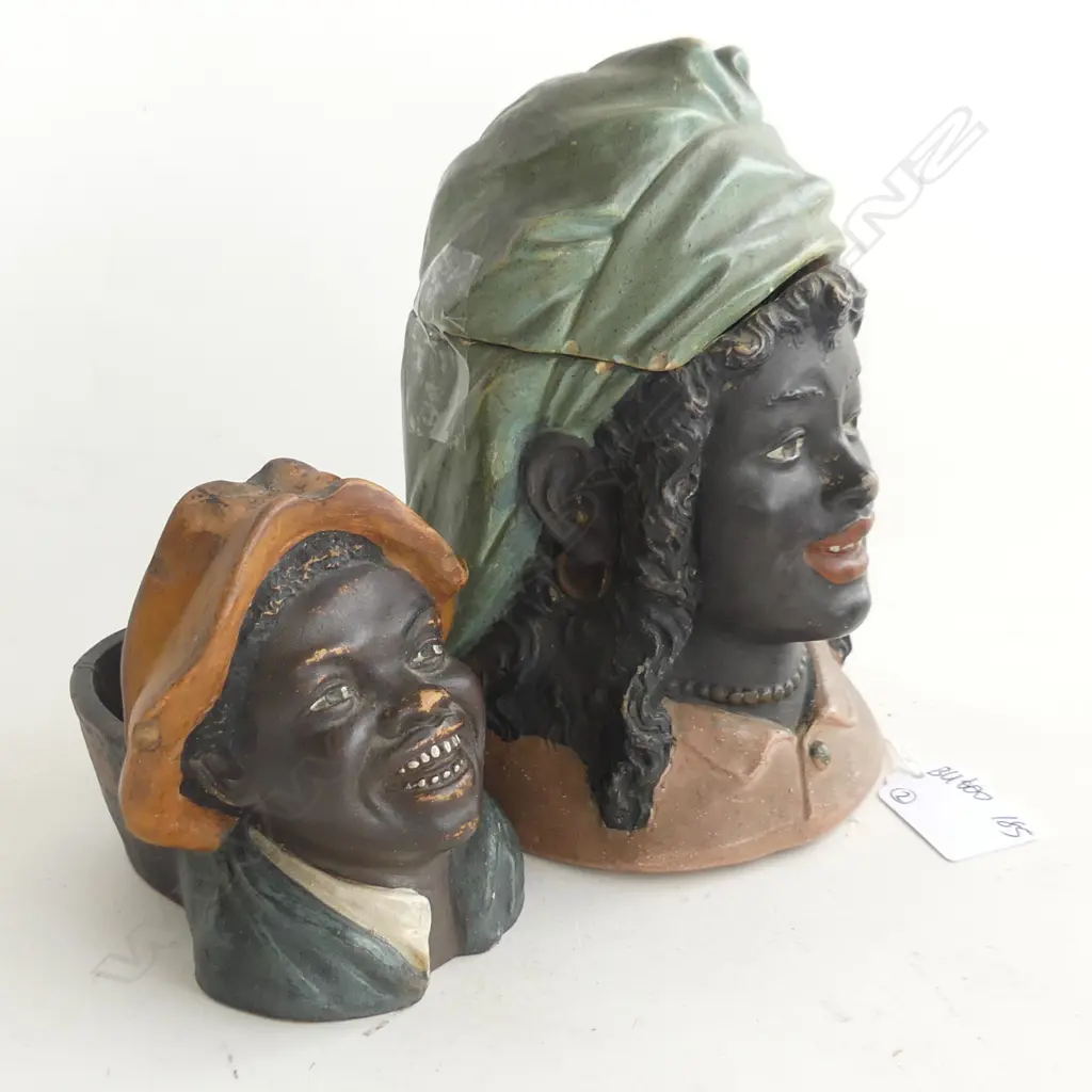 2 CHARACTER BUSTS 1 FEMALE LIDDED BISCUIT BARREL H. 170mm & A MATCH STRIKER Image 1++