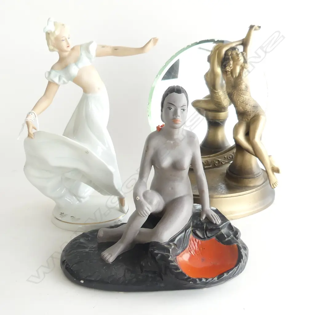 3 FEMALE FIGURINES ON BASES 1 WITH MIRROR 1 GERMAN DANCER H. 260mm & SEATED LADY Image 1++