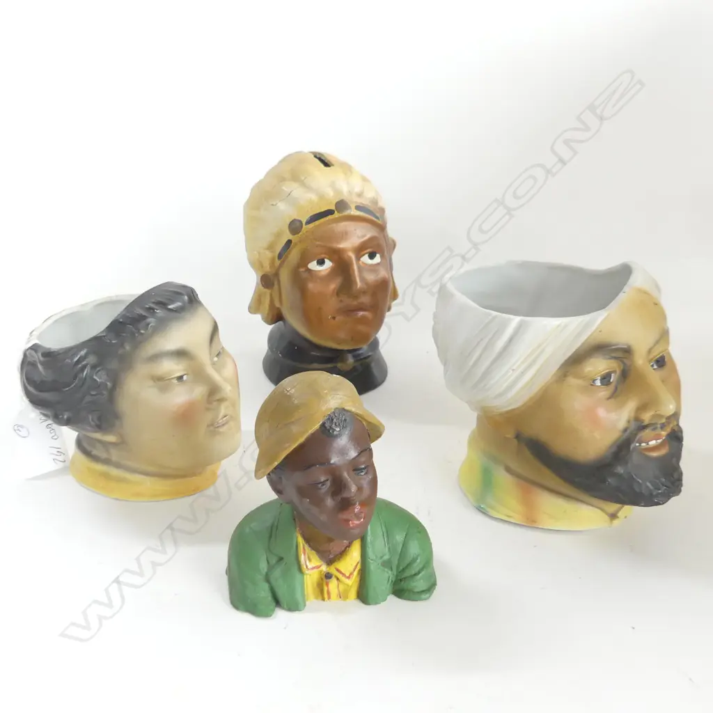 (8) 4 FIGURAL BUSTS 1 INDIAN MONEY BOX AF 2 TOBACCO JARS - NO LIDS AND 1 AF FIGURE Image 1++