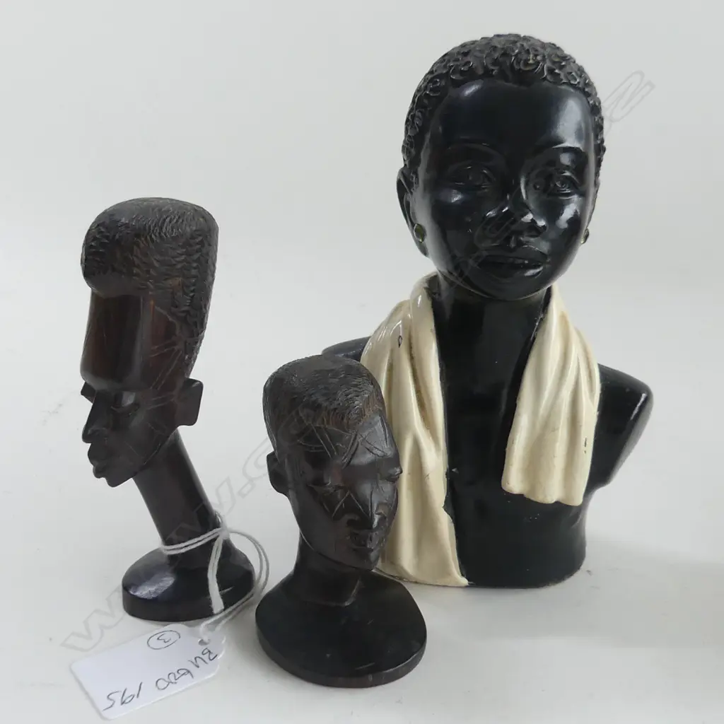 (9) 3 ITEMS 1 LADY WITH A SCARF RD 887413 H. 140mm + 2 CARVED AFRICAN EBONY BUSTS Image 1++