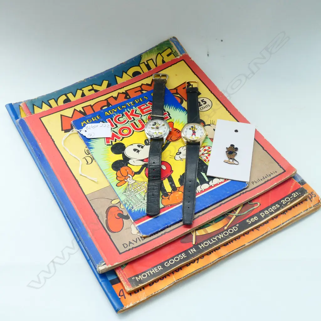7 x MICKEY MOUSE ITEMS 4 PRINTED EPHEMERA + 2 WATCHES & BROOCH Image 1++