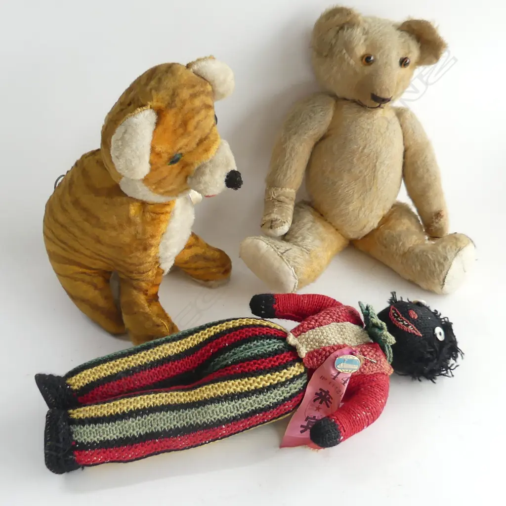 BOX LOT 1 TEDDY BEAR + KNITTED DOLL + MUSICAL TIGER H. 340mm Image 1++