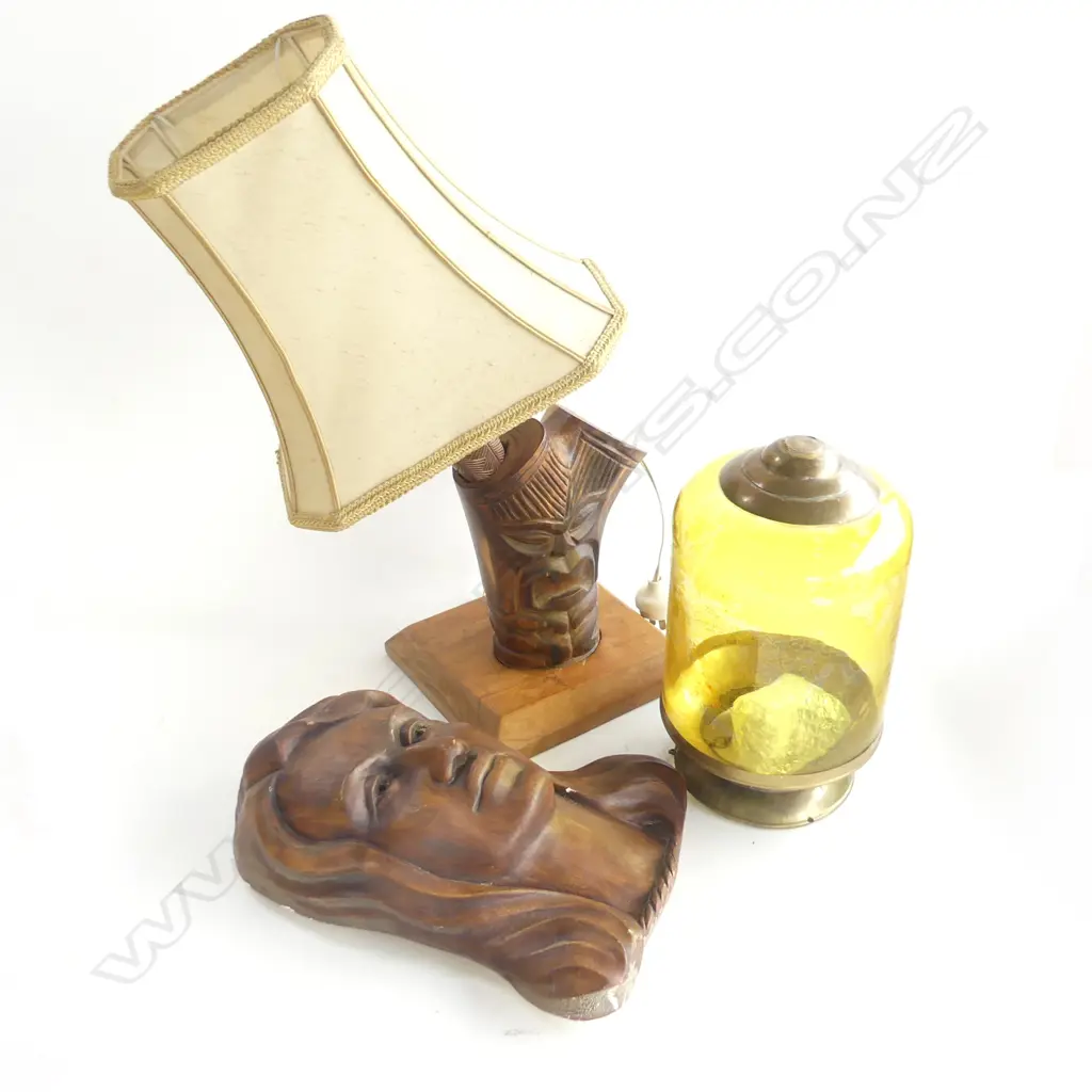 3 ITEMS HANGING GLASS LAMP ON CHAINS + PLASTER FEMALE BUST + TIKI CULTURE WOODEN FIGURAL LAMP WITH SHADE H. 430mm Image 1++