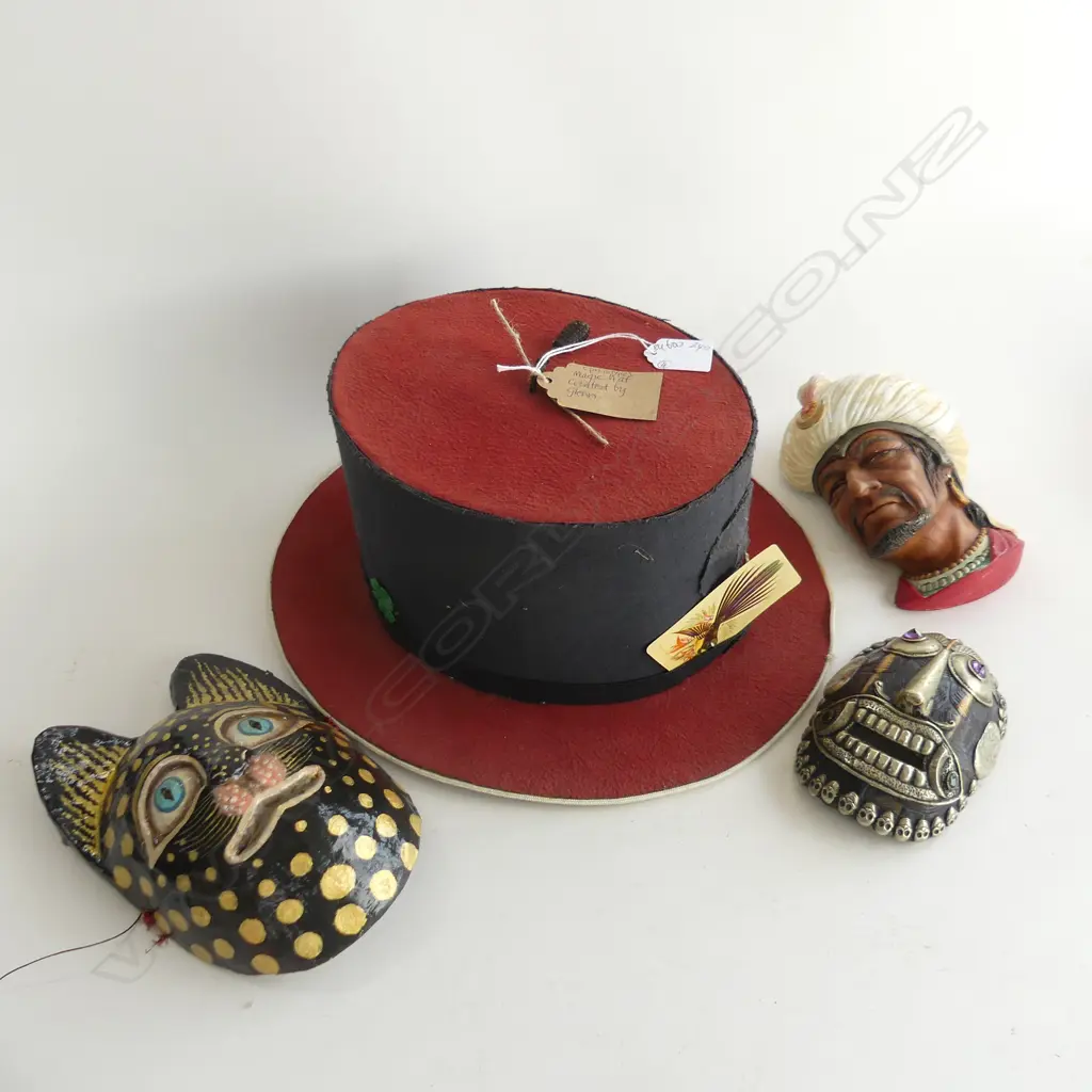 4 ITEMS INCL. 'MR SMILES PROTOTYPE MAGIC HAT' H. 160mm  + INDIAN & CAT WALL MASKS + BOSSONS ARAB WALL BUST Image 1++