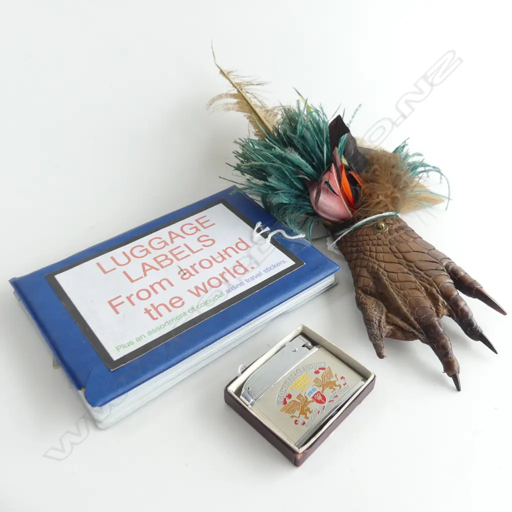 (90) (87) GROUP ITEMS CROCODILE CLAW WITH FEATHERS LUGGAGE LABELS & LIGHTER & PANAMA PICS Image 1++