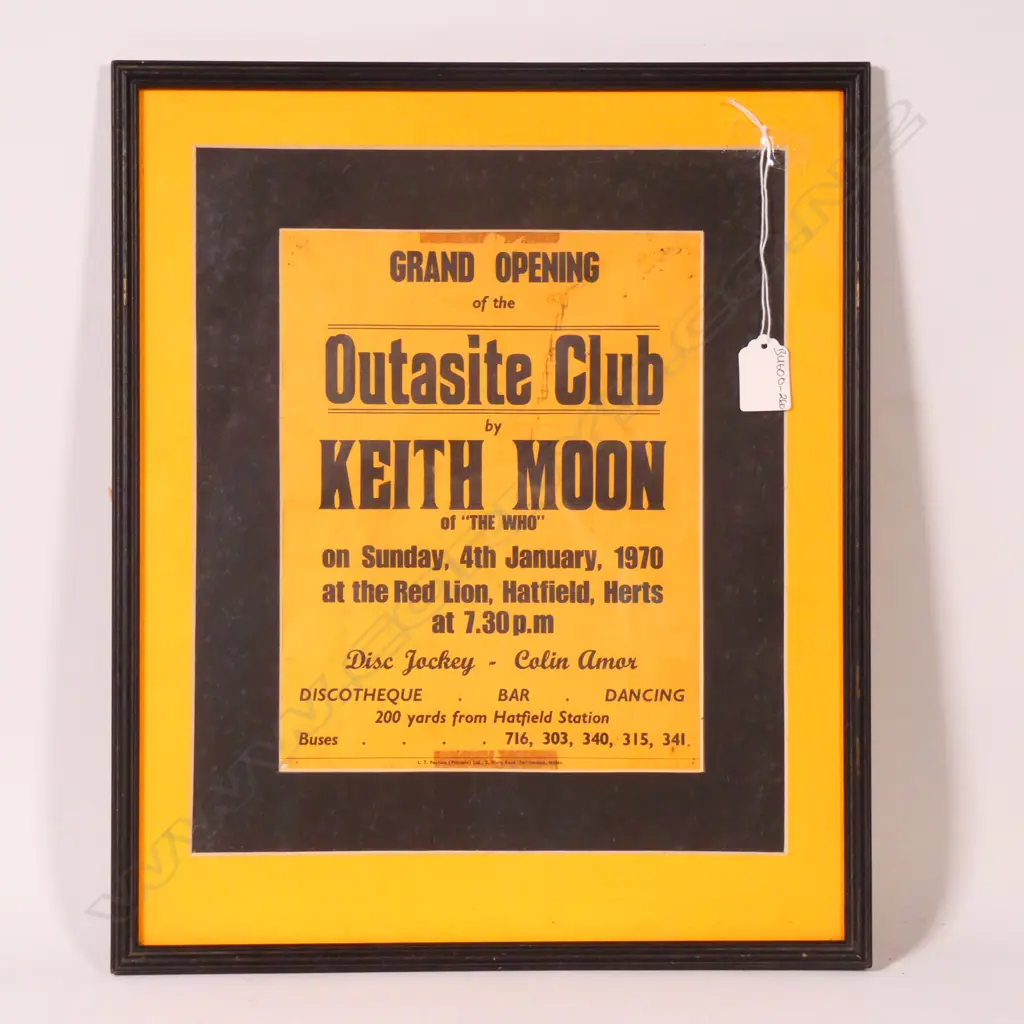 A FRAMED ORIGINAL POSTER FOR THE GRAND OPENING OF 'THE OUTASITE CLUB' BY KEITH MOON OF 'THE WHO' FROM 1970 H. Image 1++