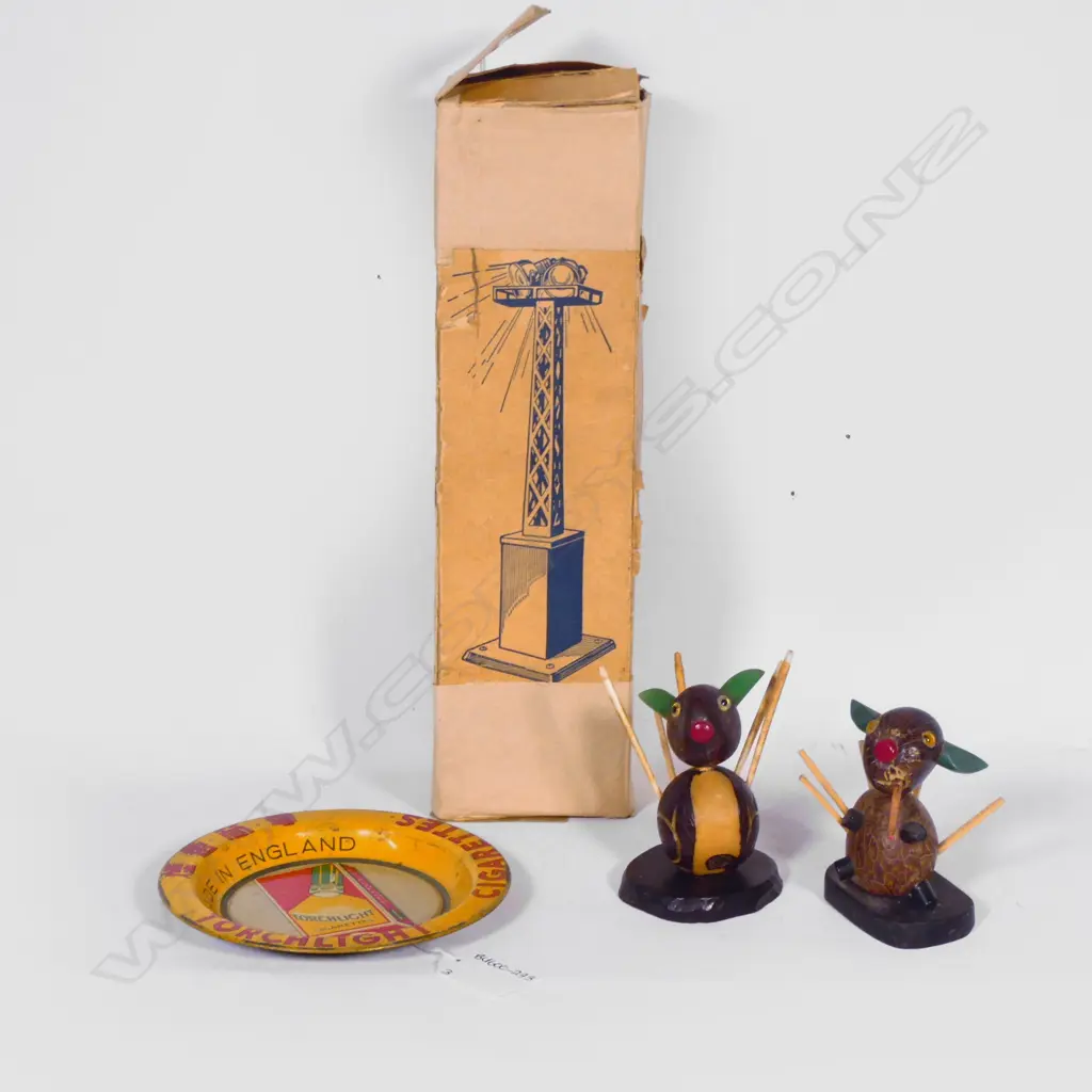 PAIR OF VINTAGE NUT COCKTAIL STICK HOLDERS + TIN TORCHLIGHT MINI TRAY + RAILWAY ELECTRIC BOX ON ORIG. BOX H. 260mm Image 1++