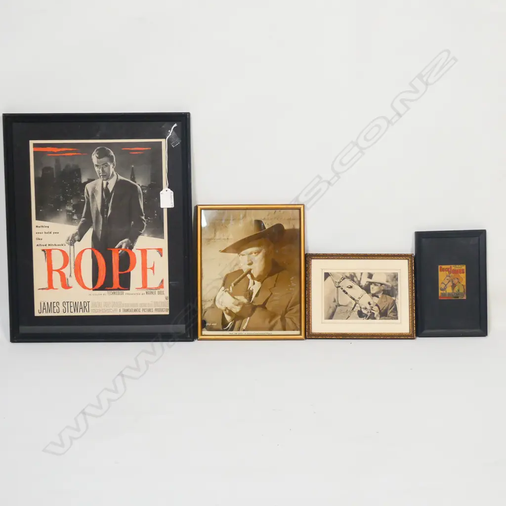 7 MOVIE RELATED PICTURES INCL A JAMES STEWART MOVIE AD FOR 'ROPE' H. 320 x 250mm Image 1++
