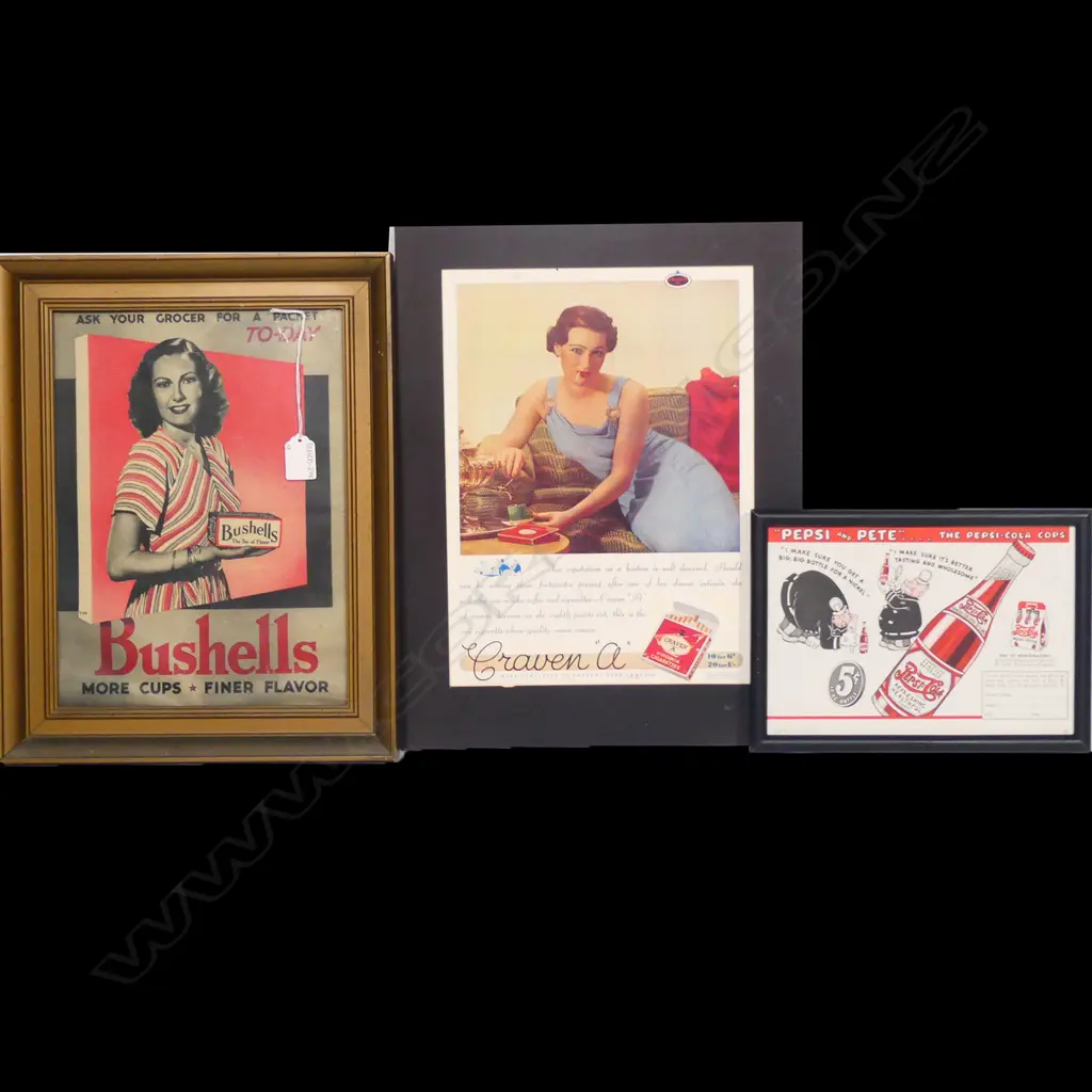 9 FRAMED PICTURES MOSTLY ADVERTISING RELATED INCL BUSHELLS TEA AD H. 310 x 230mm Image 1++