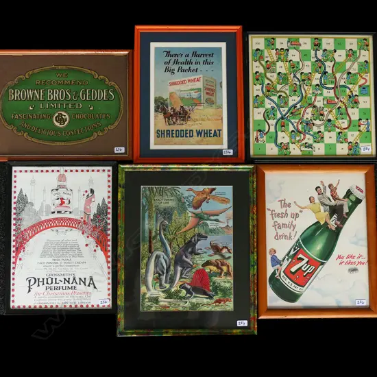 9 FRAMED PICTURES MOSTLY ADVERTISING RELATED INCL BUSHELLS TEA AD H. 310 x 230mm