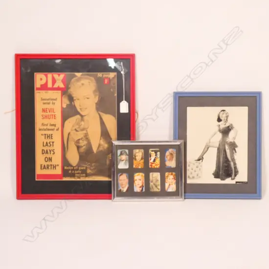 A COLLECTION OF 5 MOVIE STAR RELATED PICTURES INCL A COVER OF PIX MAGAZINE 1957 FEATURING MARILYN MONROE H. 330 x 250mm