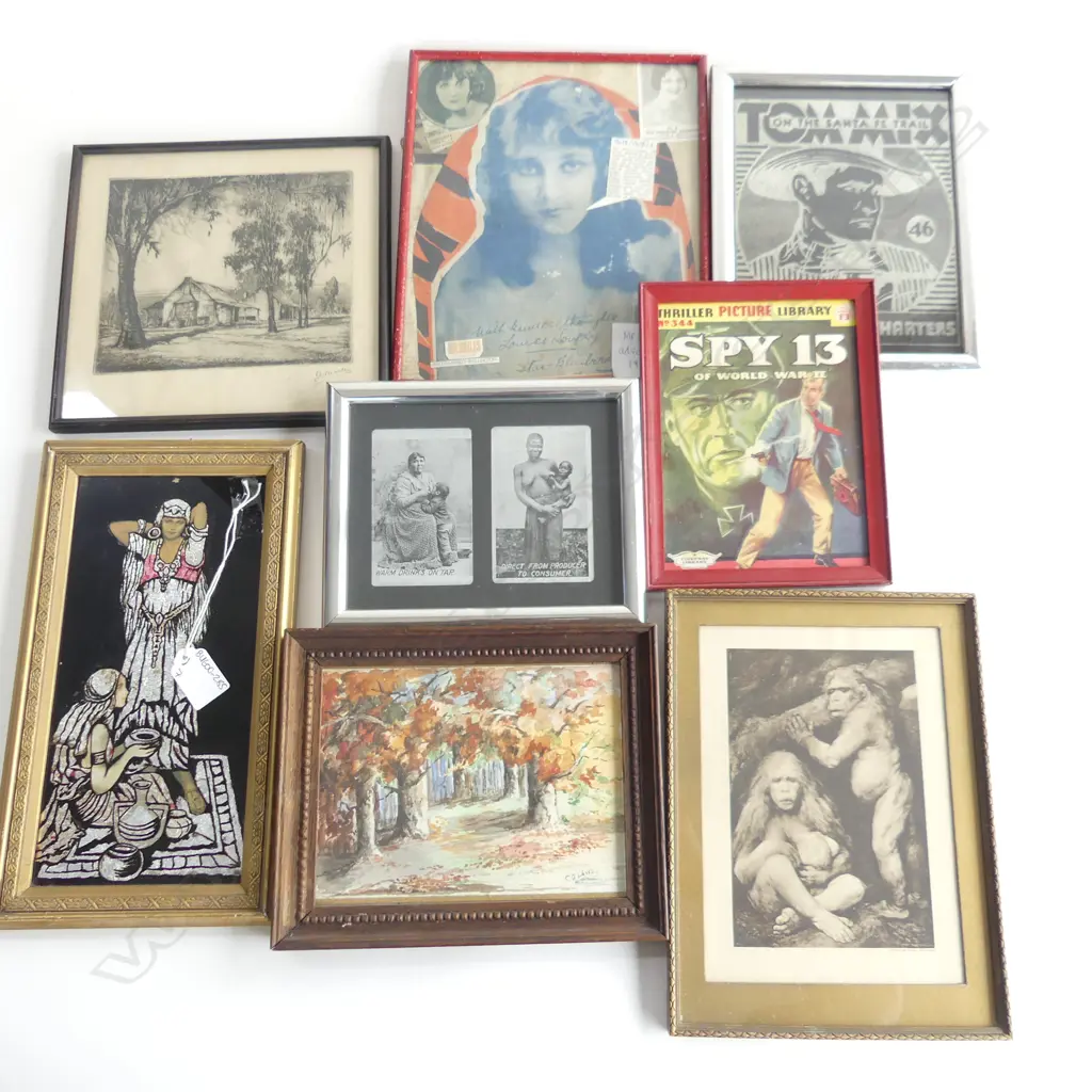 A MISC GROUP OF 7 PICTURES INCL A SIGNED SKETCH + A PICTURE MADE FROM CHOCOLATE WRAPPERS H. 240 x 115mm Image 1++