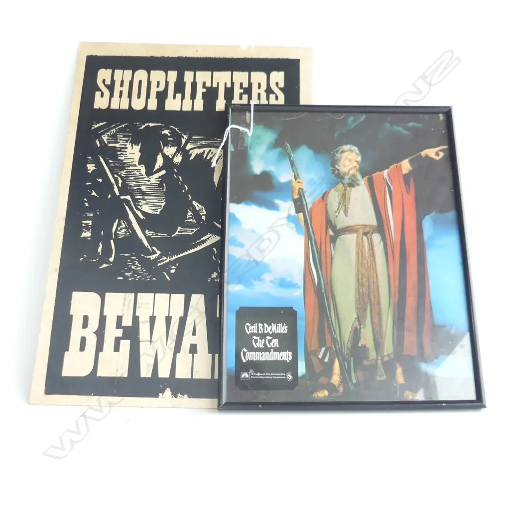 (87) 2 ITEMS 'THE TEN COMMANDMENTS' SMALL FRAMED POSTER,H,290mm & 'SHOPLIFTERS BEWARE',H.380mm Image 1++