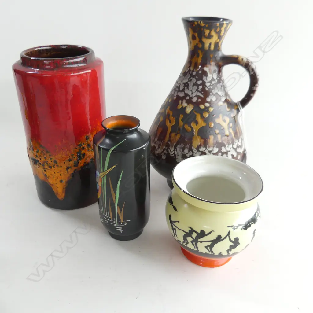 4 VASES 2 x WEST GERMAN H. 220mm + 1 SHELLEY KINGFISHER AF + 1 PETER PAN VASE BY NEWPORT Image 1++