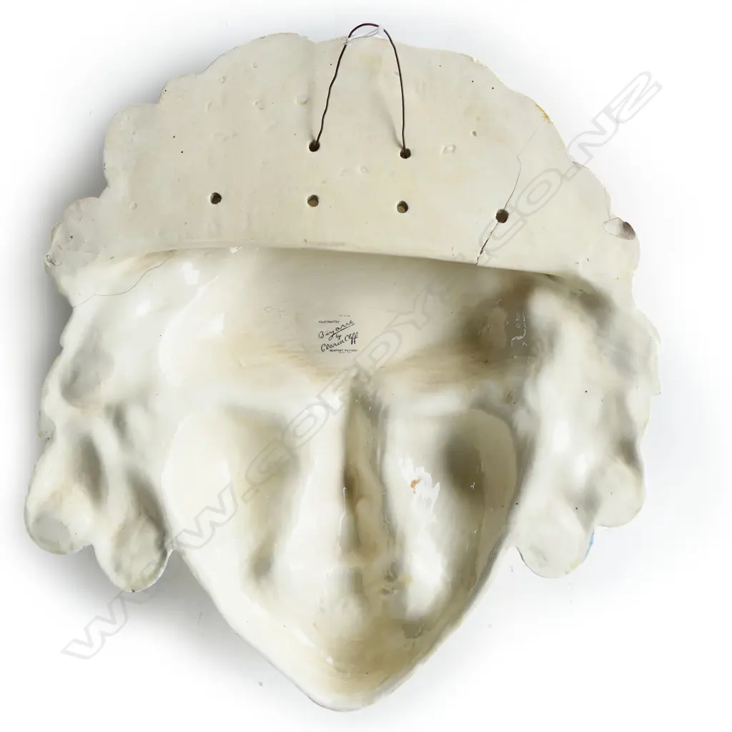 LGE CLARICE CLIFF WALL MASK 'FLORA'. GLOSS GLAZED FLOWERS IN HER HAIR. SOME CRACKS AND CHIP. H.360mm Image 1++