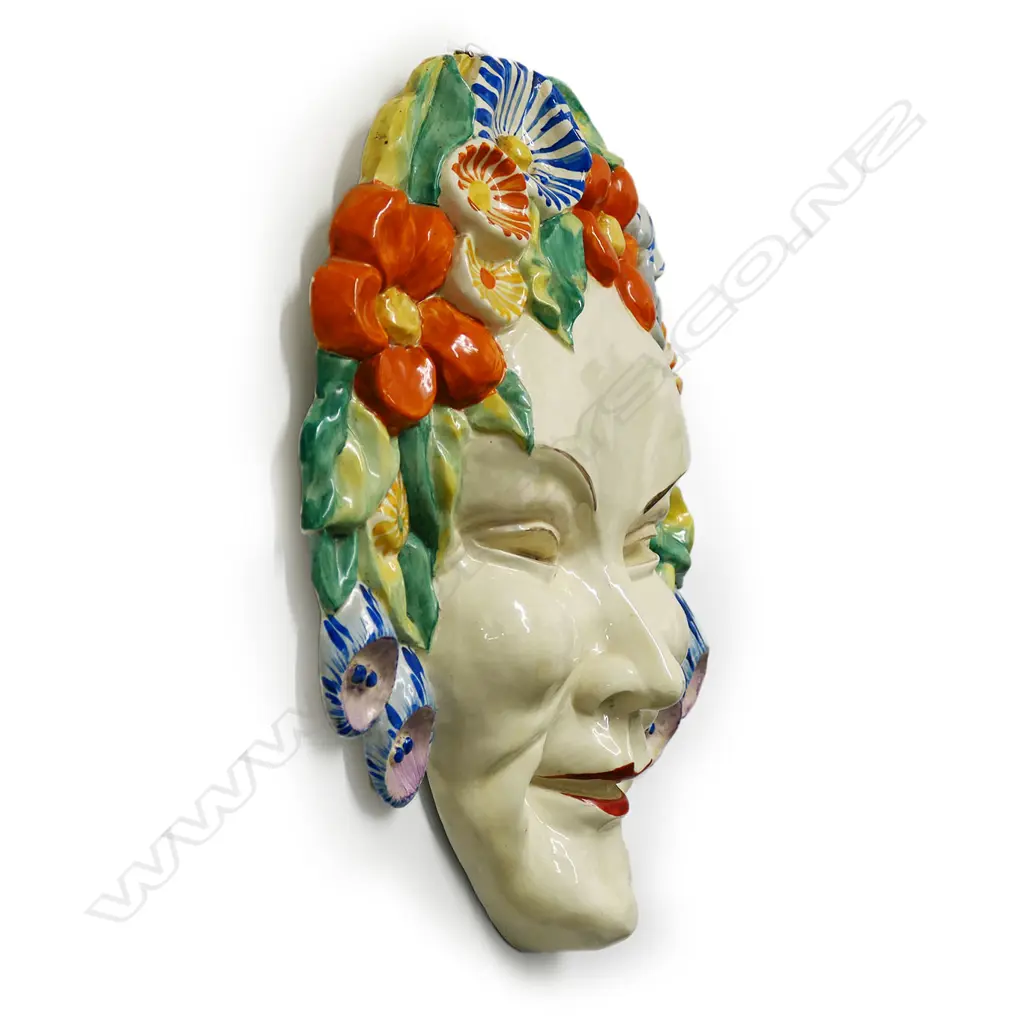 LGE CLARICE CLIFF WALL MASK 'FLORA'. GLOSS GLAZED FLOWERS IN HER HAIR. SOME CRACKS AND CHIP. H.360mm Image 1++
