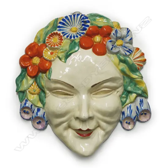 LGE CLARICE CLIFF WALL MASK 'FLORA'. GLOSS GLAZED FLOWERS IN HER HAIR. SOME CRACKS AND CHIP. H.360mm