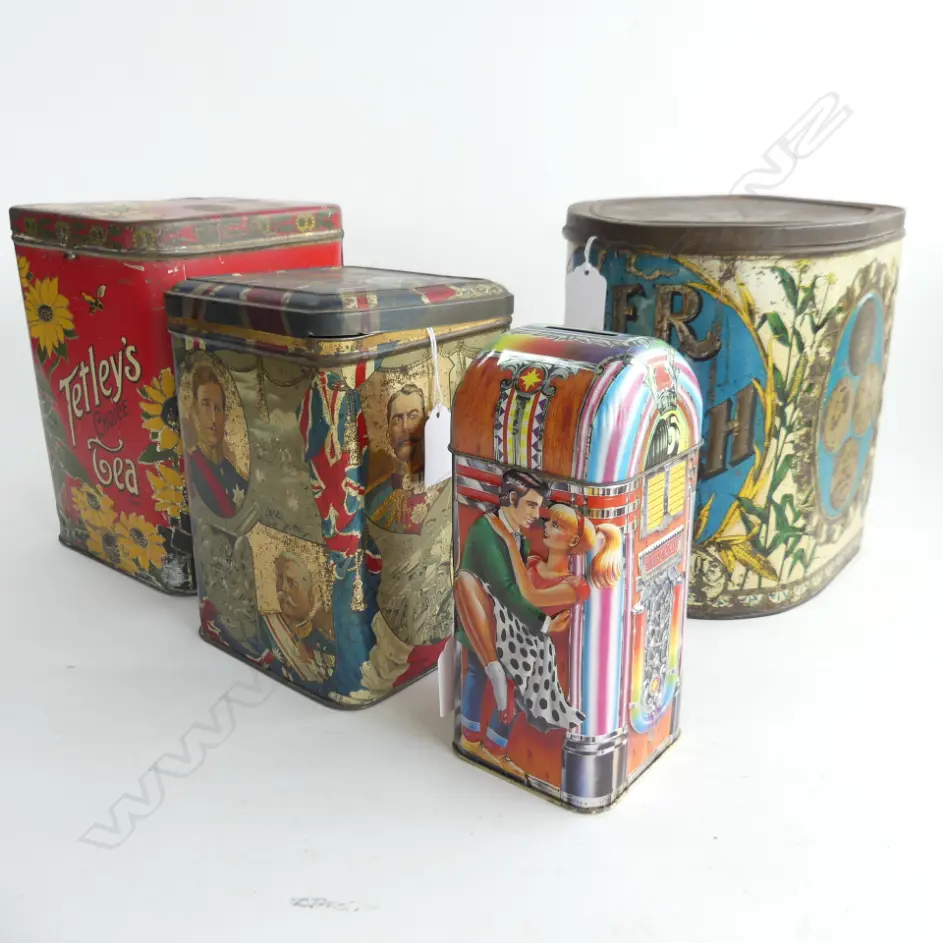 (72) 4 TINS, 3 c.1900, INCUDING TETLEYS plus SHERBERT MONEY TIN (H.180mm) Image 1++
